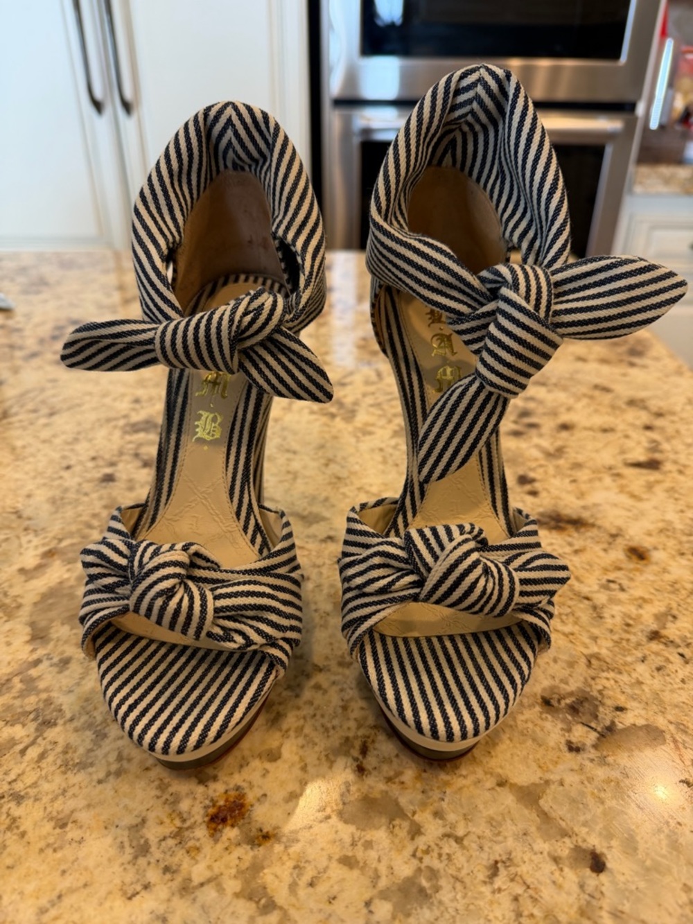 L.A.M.B. Striped Knot Front Ankle-Tie Heels - Black & White